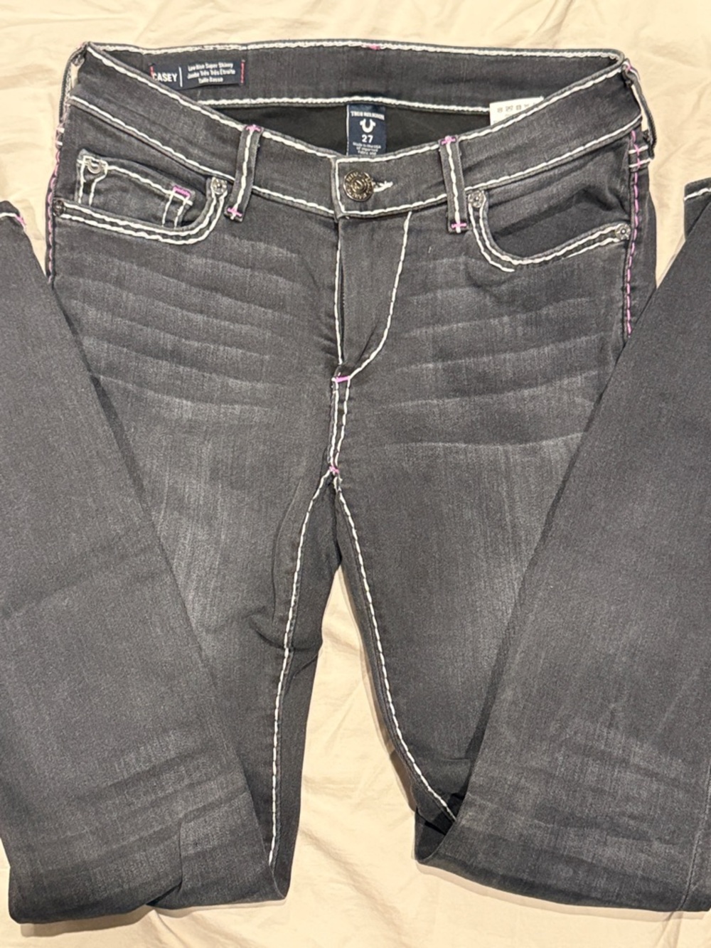 True Religion low rise super skinny Jeans in Washed B&W & purple stitching